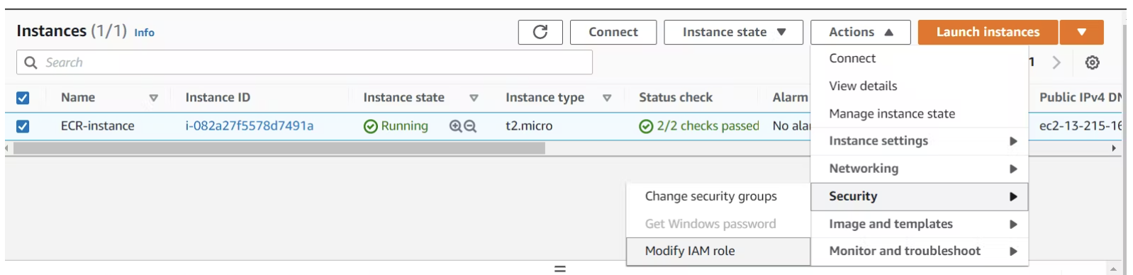 Step3: Click on Security and then click on Modify IAM role.