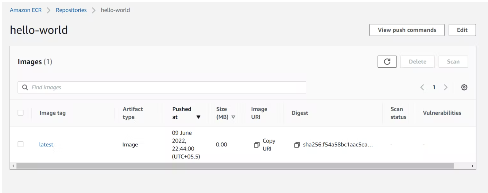 Step 22: Go to container registory service in AWS and check “the hello-world image would be pushed” with the tag name “latest”.