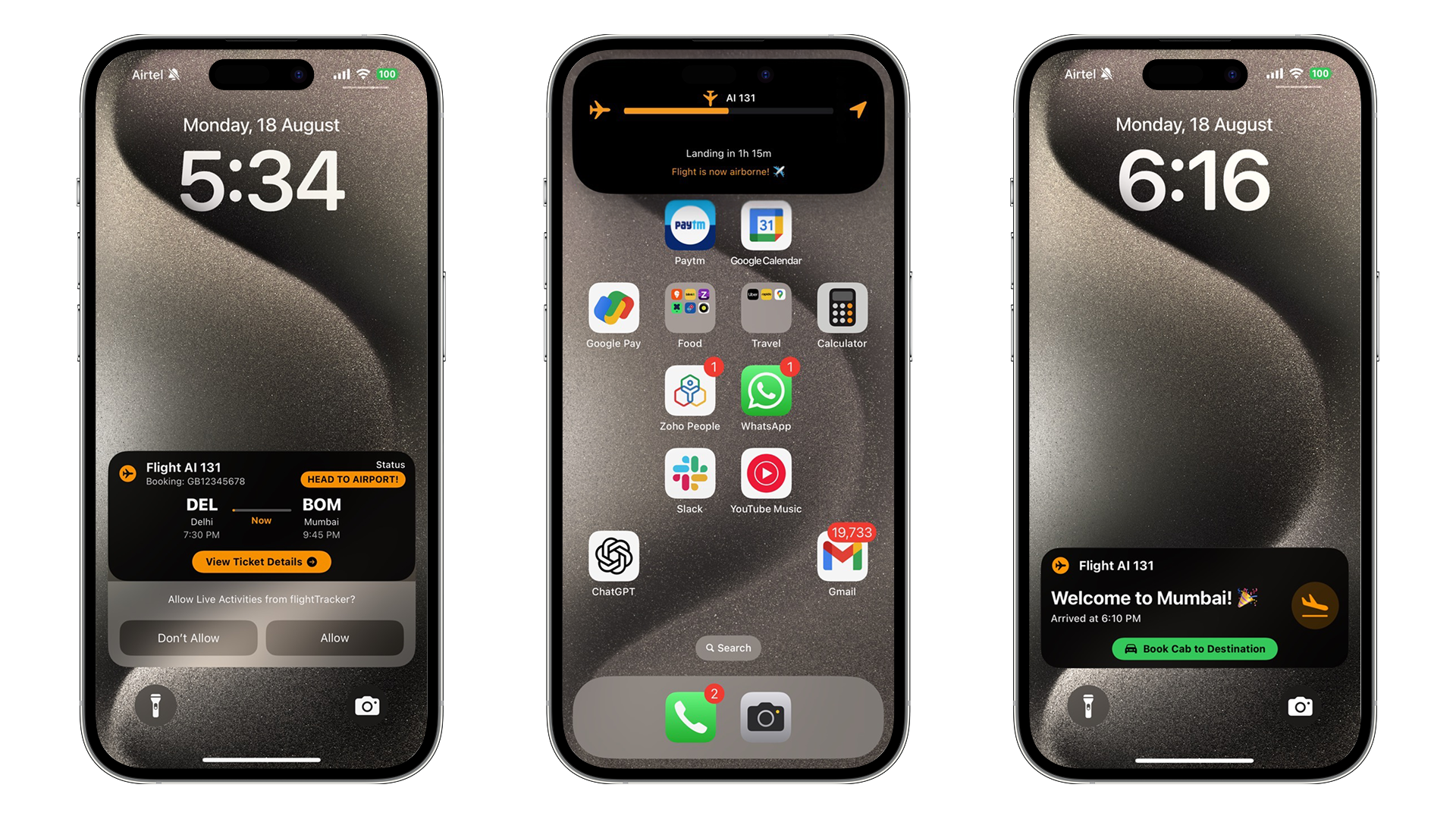 iOS flight tracking app showing live flight status and travel alerts