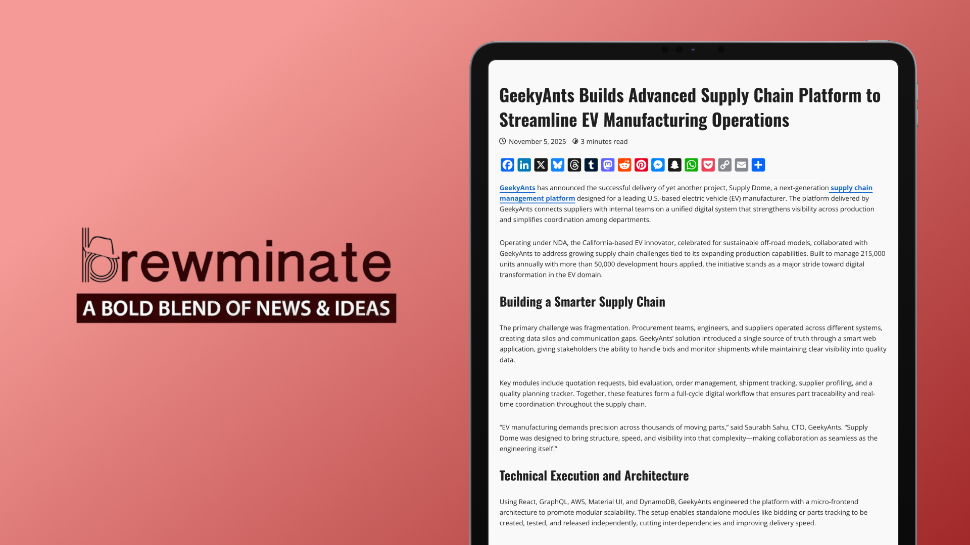 Brewminate Spotlights GeekyAnts' Technical Breakthrough in EV Supply Chain Management