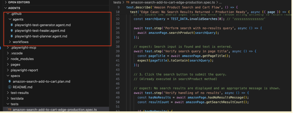 VS Code project showing Playwright planner, generator, and healer
agent
files