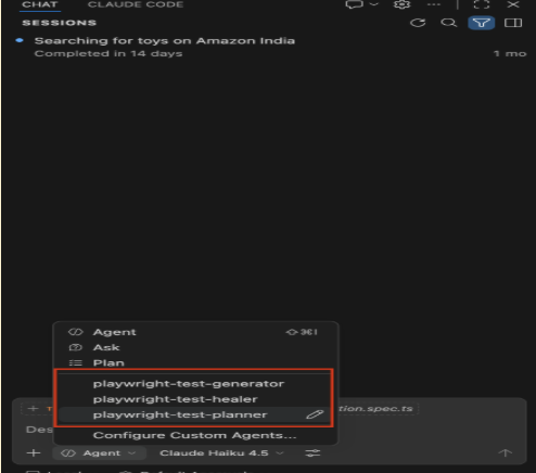 Selecting Playwright custom agents in the AI agent
interface