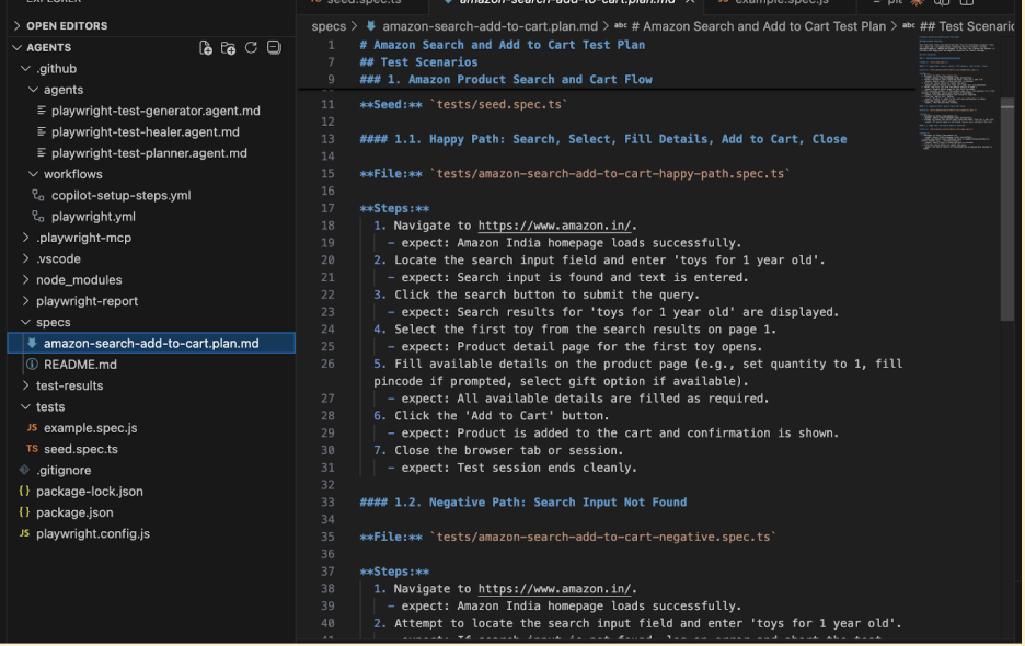 Human-readable Markdown test plan generated for an Amazon
search-to-cart
flow