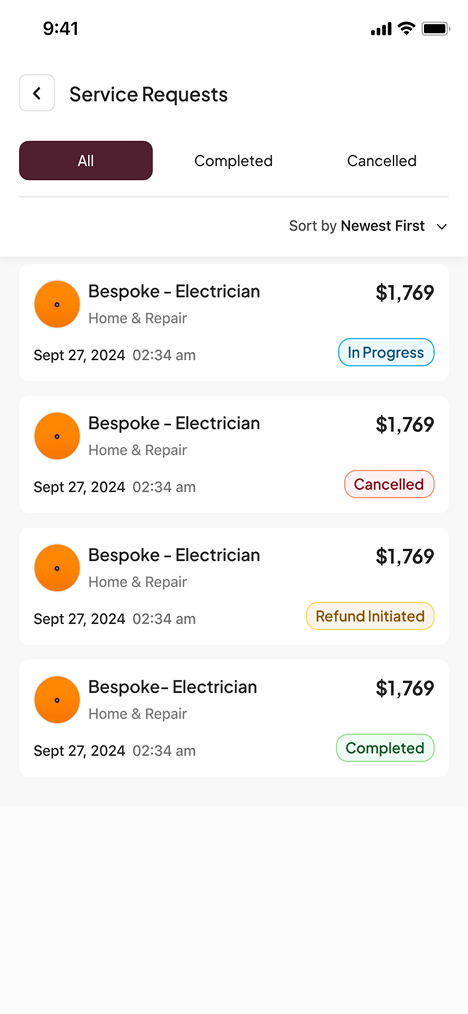 Service requests dashboard on a Kubernetes-native platform with in-progress and completed jobs