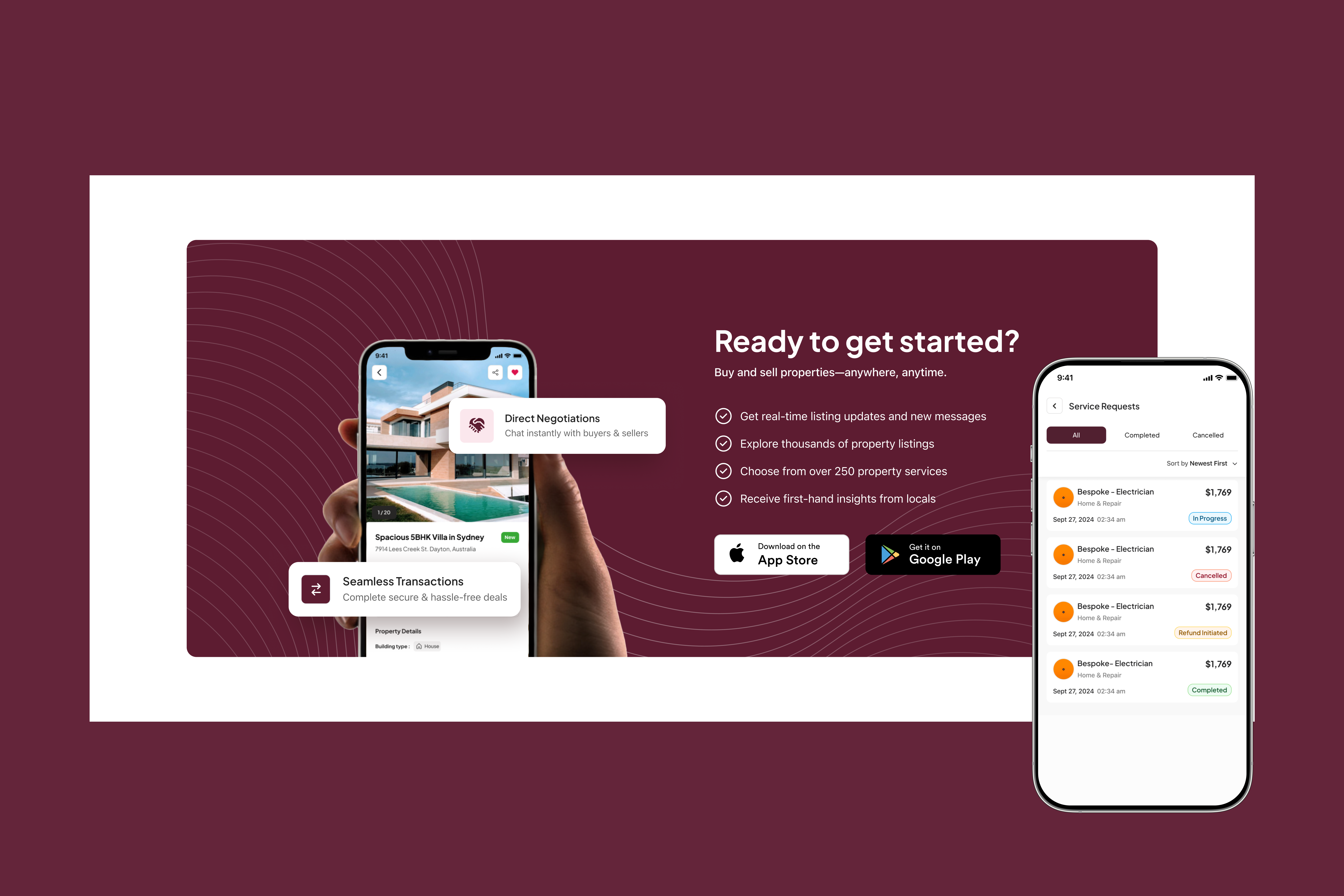 Real estate app interface for property listings, service requests, and seamless transactions