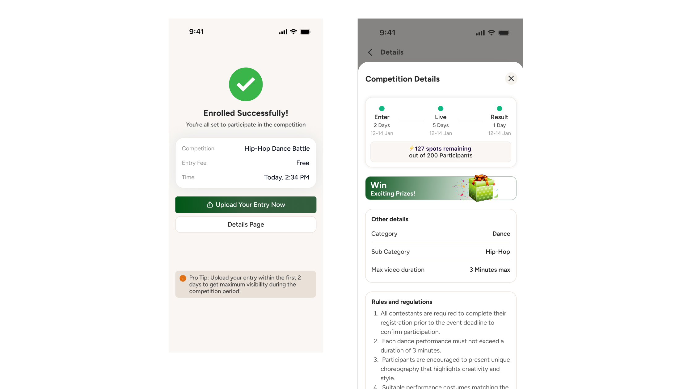 Competition core and video submission slide with mobile enrollment and competition details screens