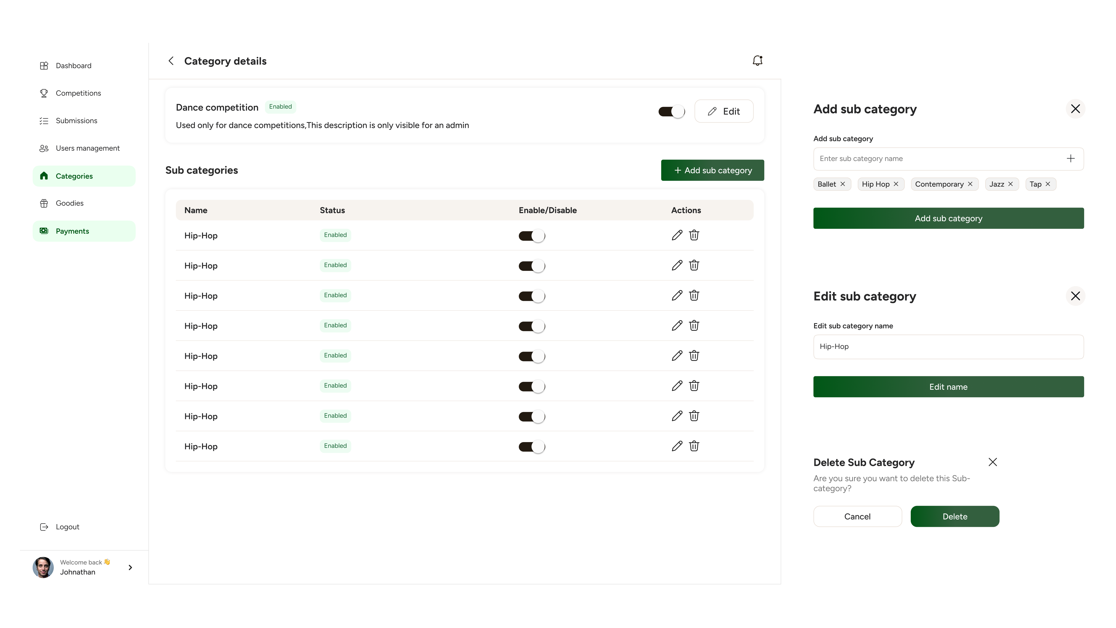 AI Content Moderation with category management dashboard and subcategory controls for Video competition mobile app