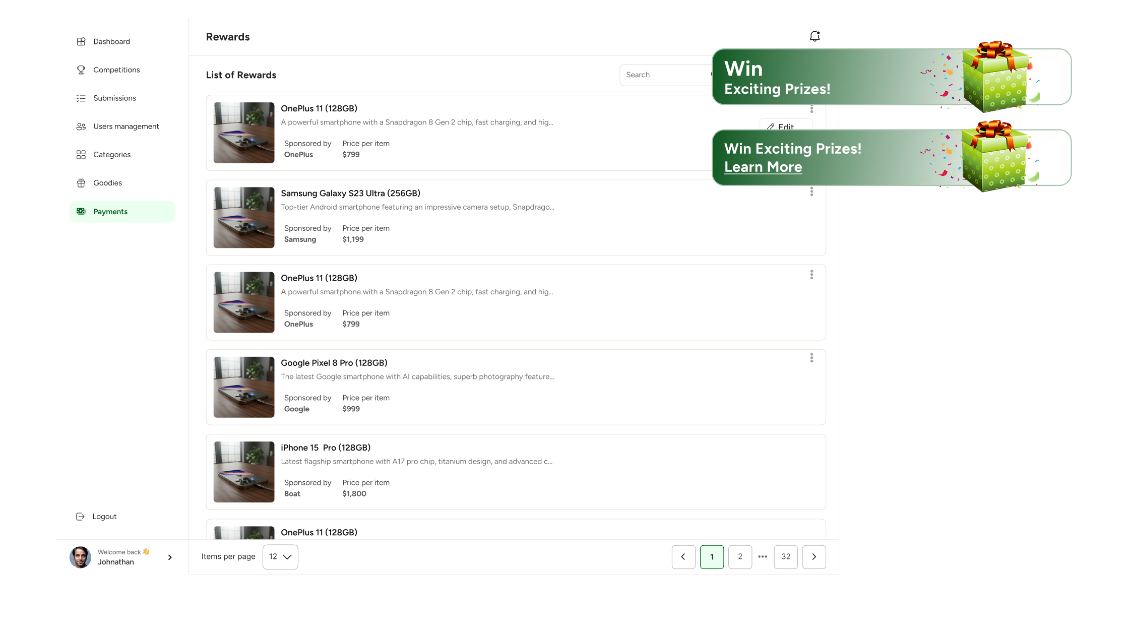 Rewards management dashboard for video competition platform with prize cards and engagement features