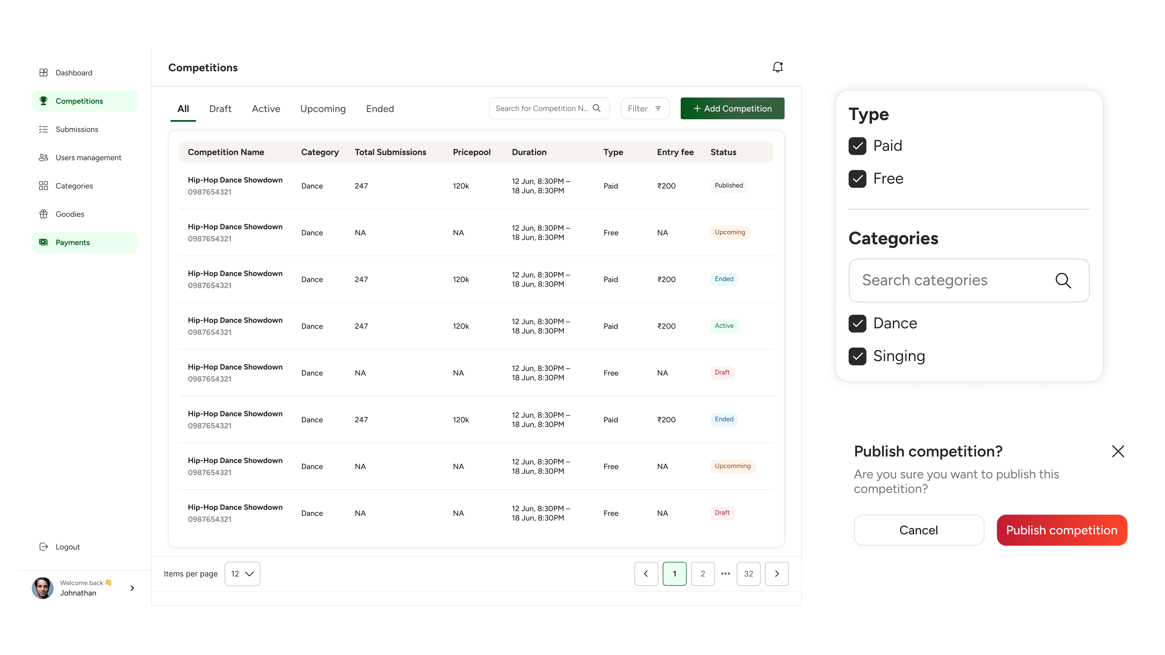 Video competition admin panel with competition status table, filters, and publish confirmation