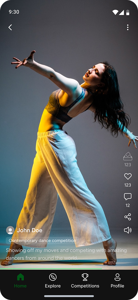 Video management system UI for dance competition with full-screen performer video and engagement icons