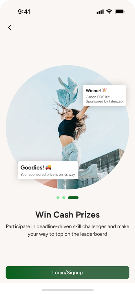 Video competition management system mobile UI with login button, prize cards, and skill challenge intro