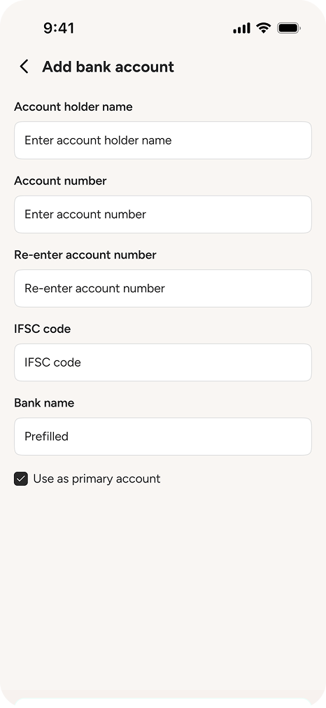 Mobile app payment setup screen for adding bank account details and selecting primary account status