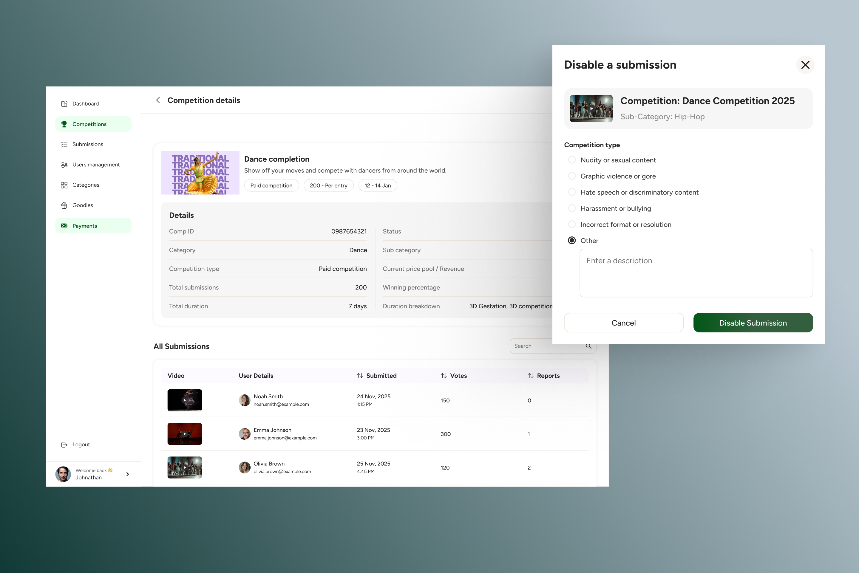 Video competition platform admin dashboard with automated moderation and disable submission modal