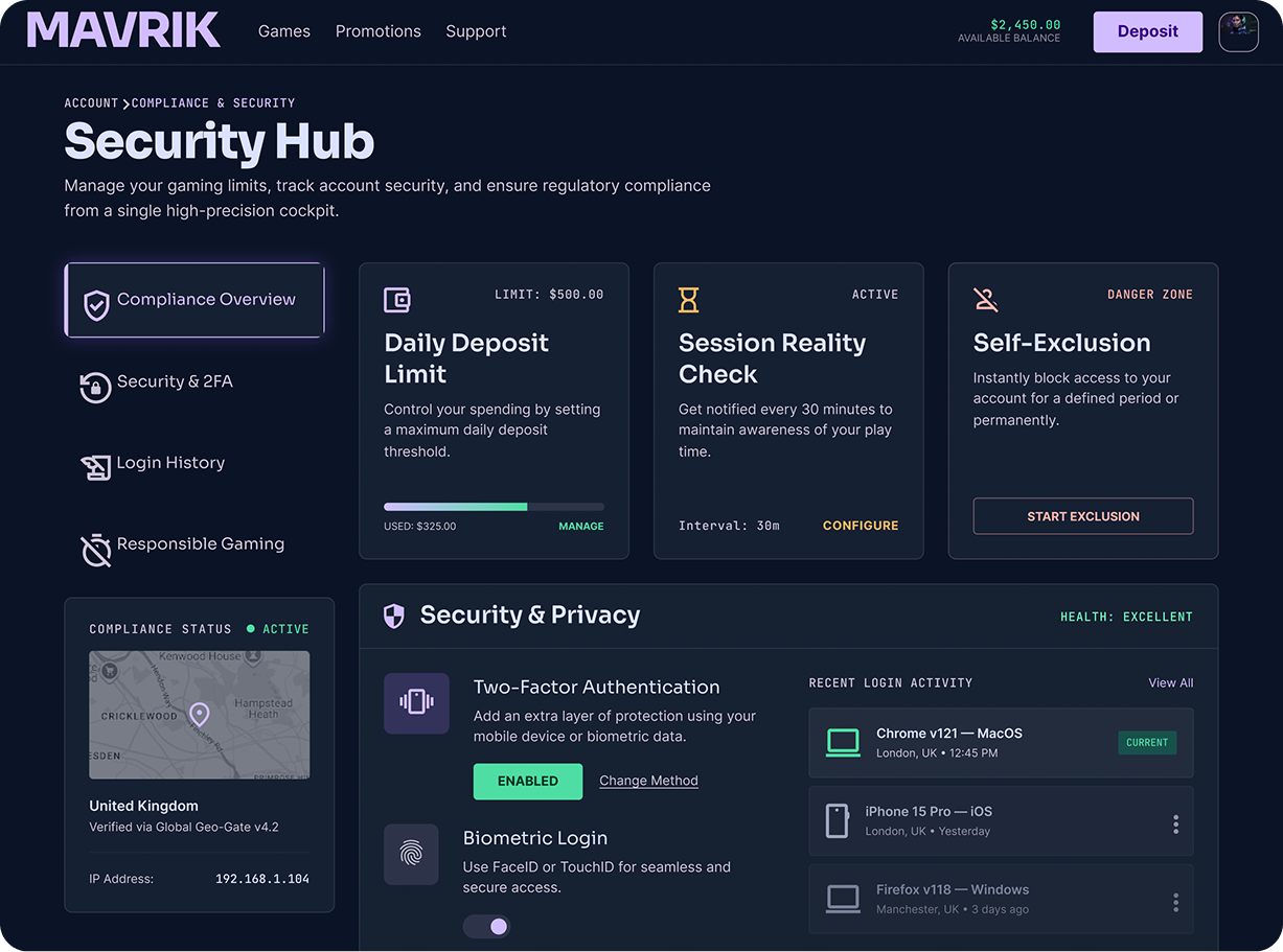 Responsible gaming security dashboard for igaming casino web application