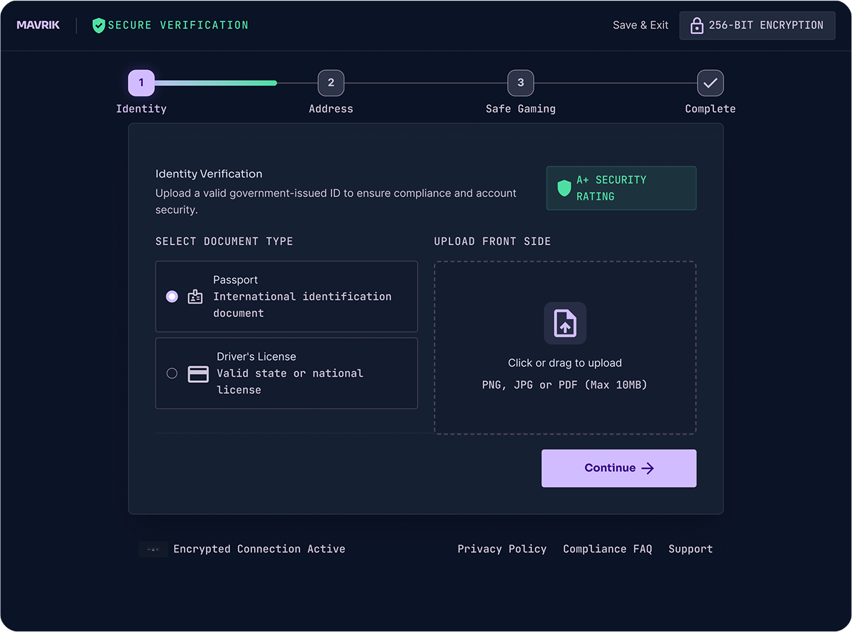iGaming KYC verification UI with passport, driver license, and secure document upload flow