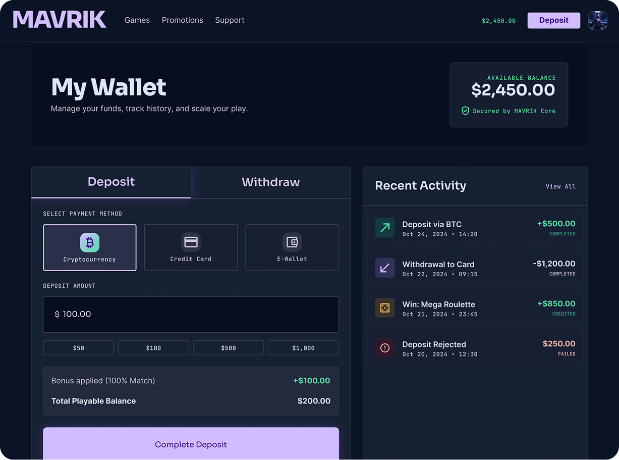 Online casino wallet dashboard with crypto deposit flow, payable balance, and account activity