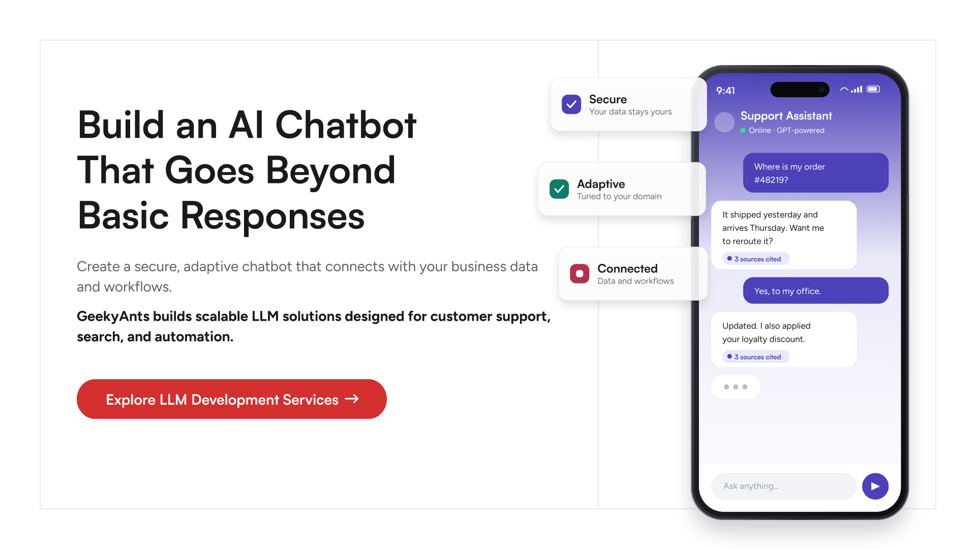 AI chatbot connected to business data, tools and workflows, representing GeekyAnts’ LLM development services.