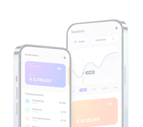 Two phone screens from a banking app: an account overview showing a $5,786.00 balance above a list of recent transactions, and a statistics view charting monthly income
